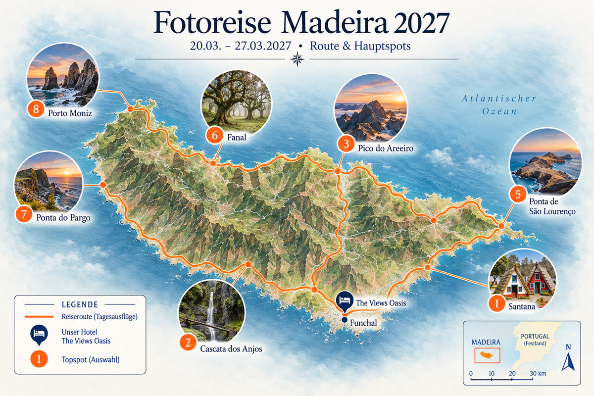 Karte der Fotoreise Madeira 2027 mit dem Hotel The Views Oasis und ausgewählten Fotospots wie Pico do Areeiro, Fanal, Ponta de São Lourenço, Ponta do Pargo, Porto Moniz und Cascata dos Anjos.