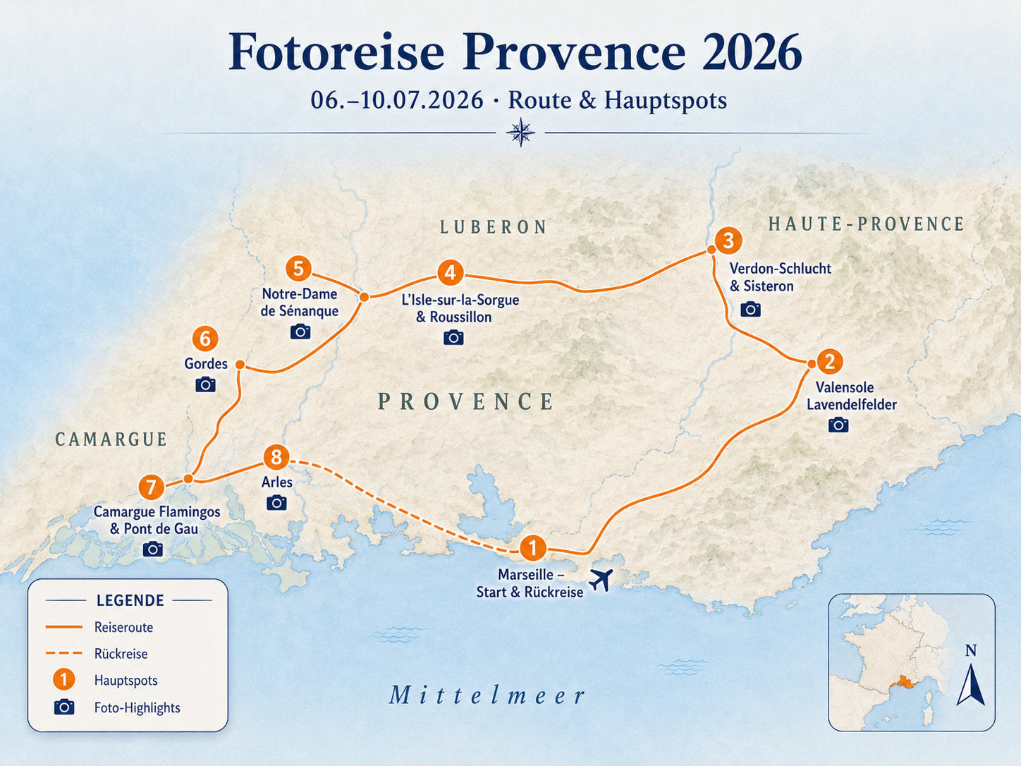 Karte der Fotoreise Provence 2026 mit Route ab Marseille zu den Lavendelfeldern von Valensole, Gordes, Camargue und Arles.