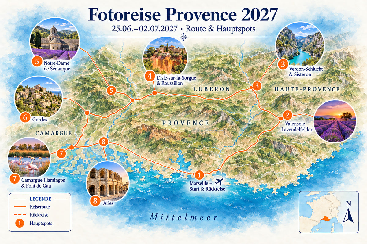 Routenkarte der Fotoreise Provence vom 25. Juni bis 2. Juli 2027 mit Marseille, Valensole, Verdon-Schlucht, Luberon und Camargue.